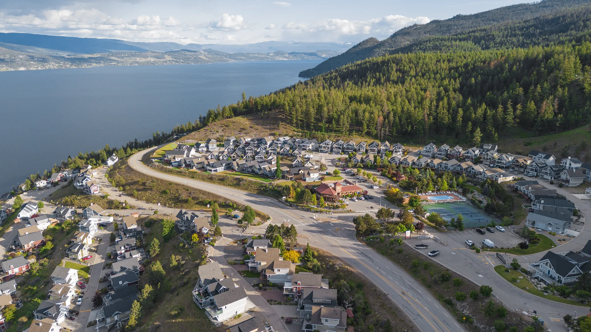 Aerial view of LaCasa community with Okanagan Lake panorama