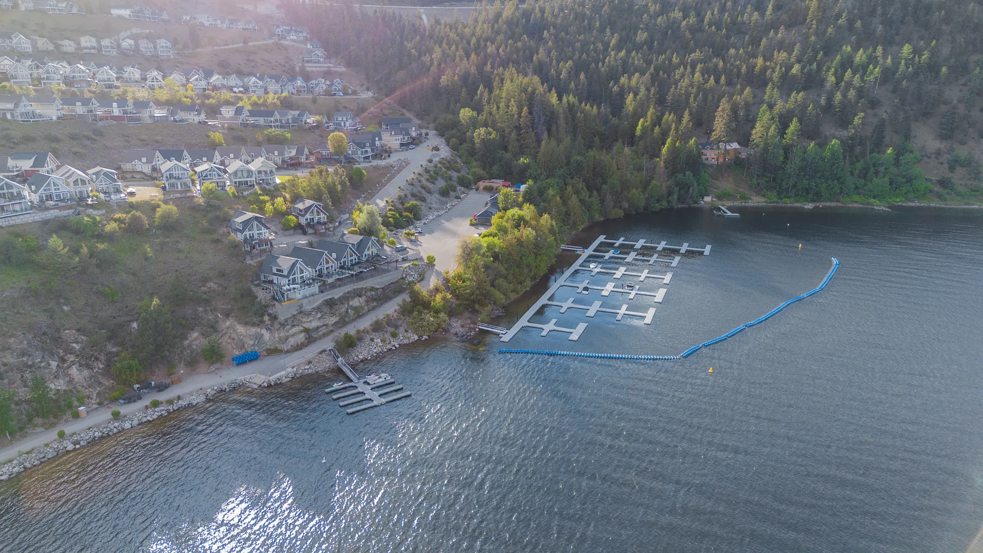 Aerial view of LaCasa Lakeside Resort marina and lake