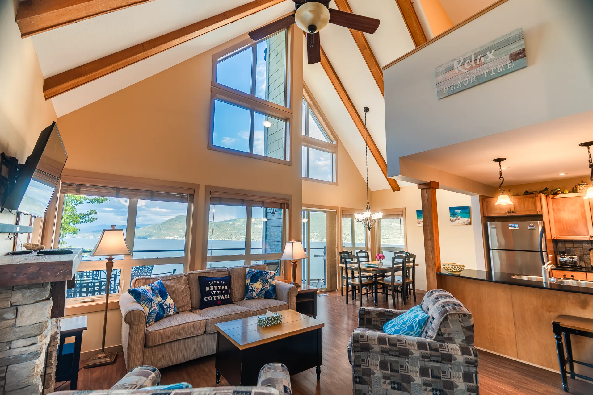 Cottage living room with panoramic lake view